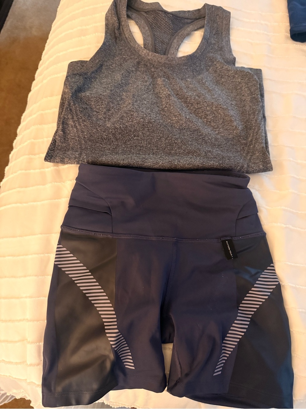 Athleta Alison Felix Navy Athletic Bike Shorts and Grey Tank top